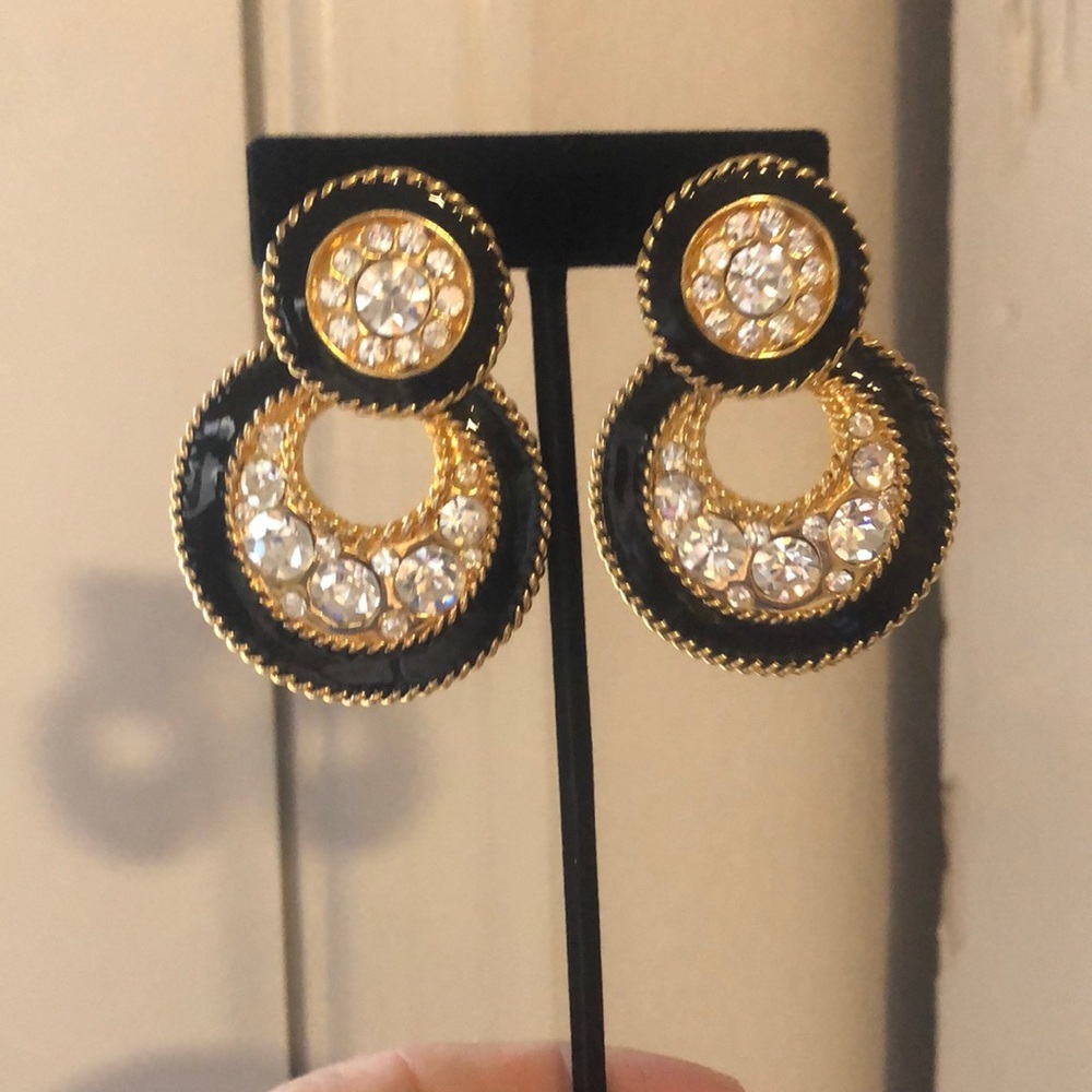 Vintage black and clear rhinestone door knocker clip earrings